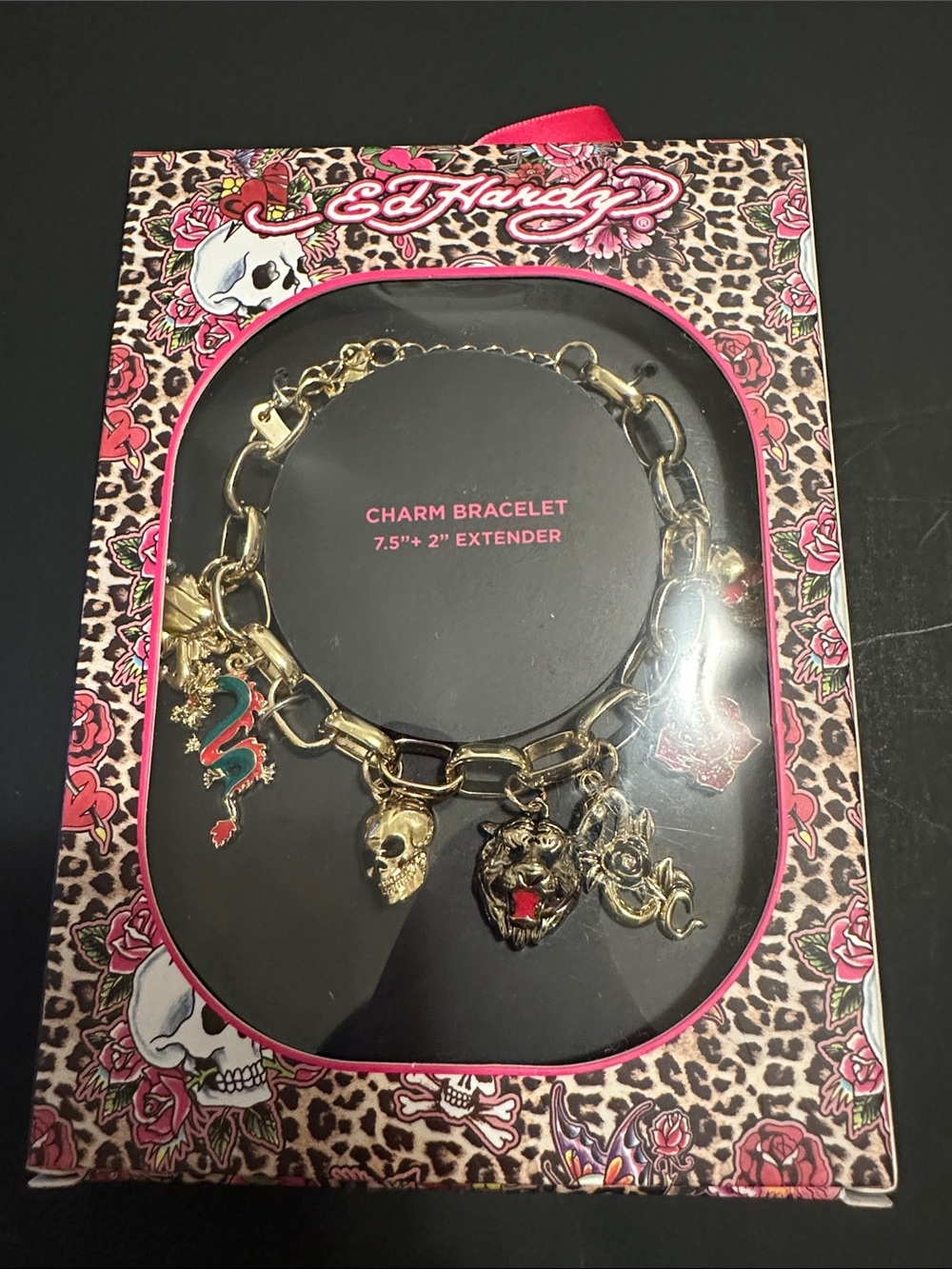 Ed Hardy Gold Tone Oval Link Charm Bracelet 7 Charms Skull, Dragon, Lion NIB